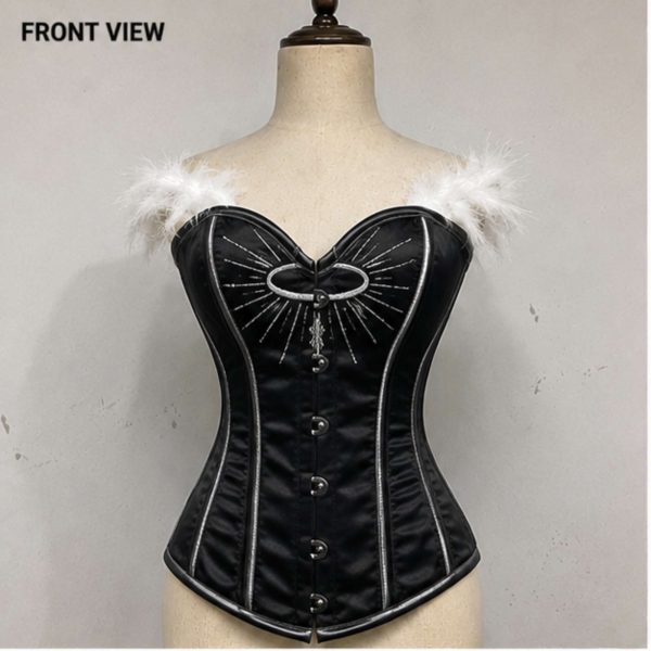 Black Feather Trim Corset with Starburst Ring | Silver Piping Overbust Corset | Showgirl Burlesque Costume | Dream Corset